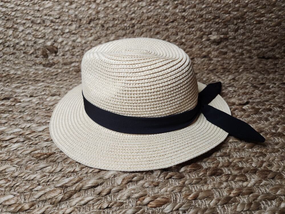 Women's Woven Straw Hat With Black Ribbon Bow Tie Beach Spring Summer